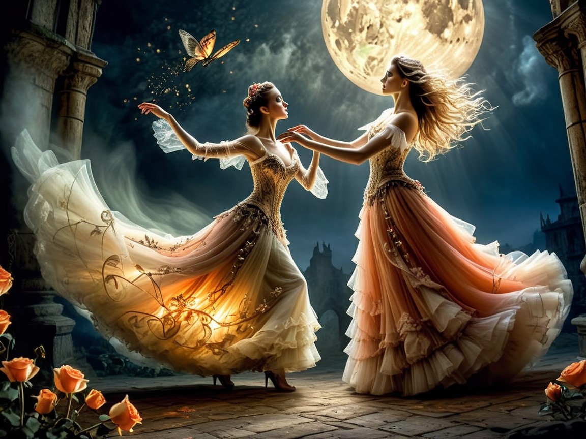 Elegant Dancers Under a Full Moon with Butterflies