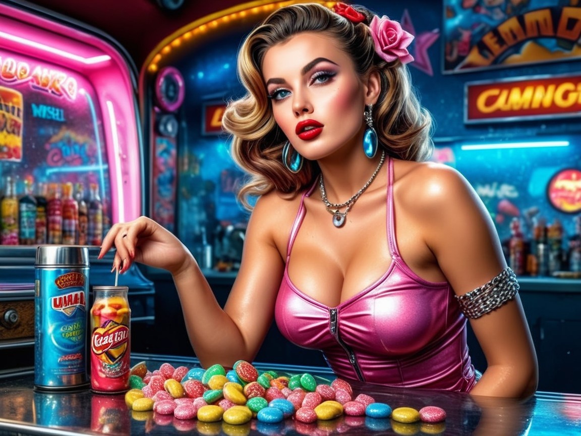 Glamorous Woman in Vintage Arcade with Neon Lights