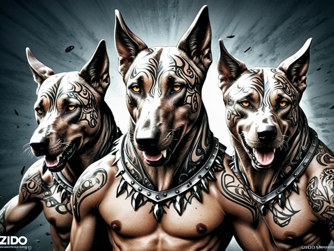 Muscular Figures with Dog Heads and Intricate Tattoos