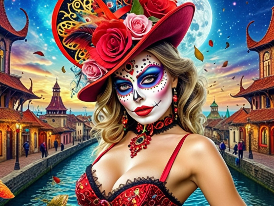 Vibrant Day of the Dead Makeup and Festive Setting