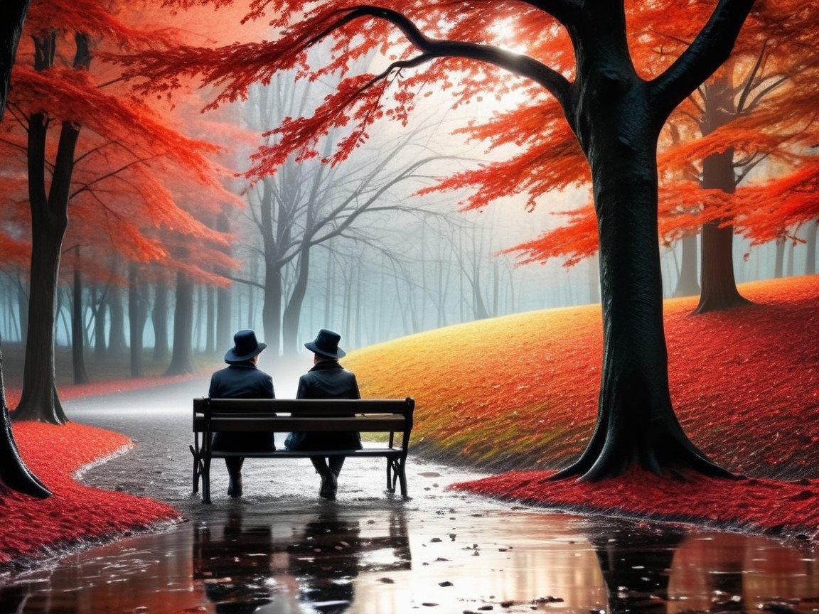 Autumn Landscape with Figures on a Wooden Bench