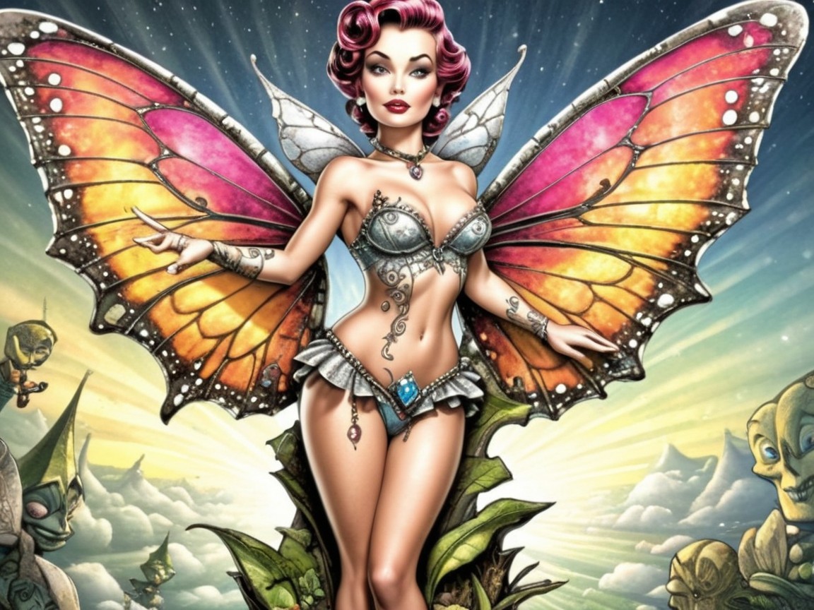 Fairy with Pink Hair and Butterfly Wings in Fantasy Scene