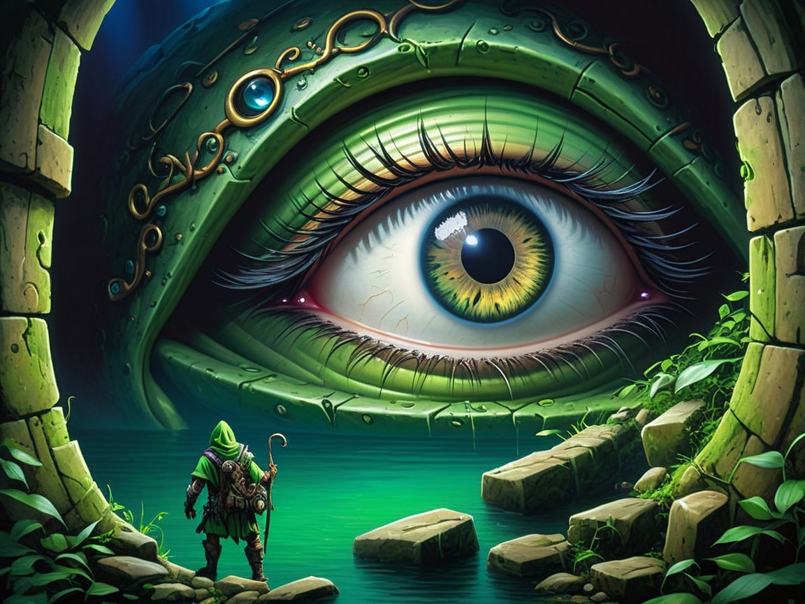 Mystical Scene with Towering Green Eye and Ruins