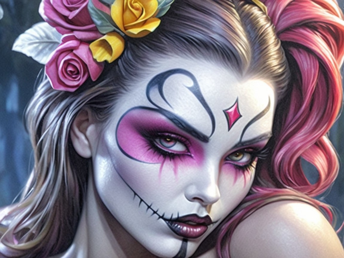 Striking Woman with Sugar Skull Makeup and Roses