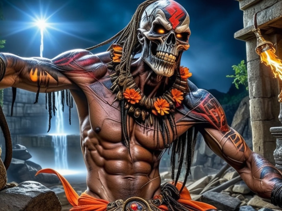 Muscular Figure with Skeletal Face Surrounded by Flowers
