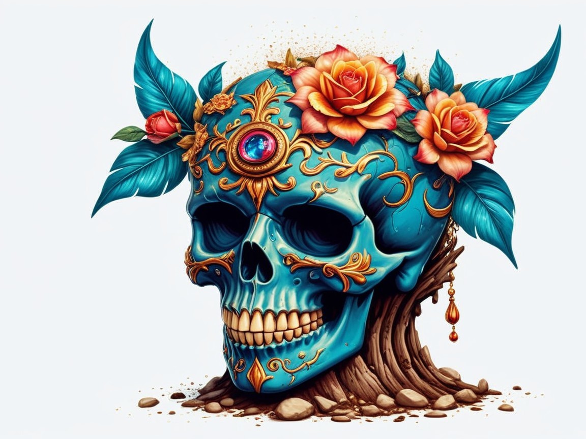 Vibrant Blue Skull with Gold Patterns and Roses