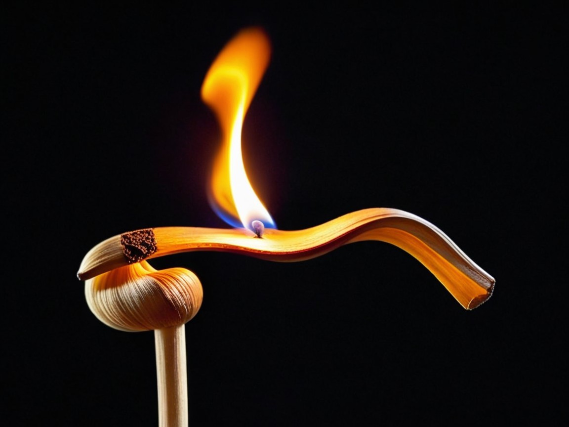 Elegant Wooden Wick with Vibrant Flame on Black Background