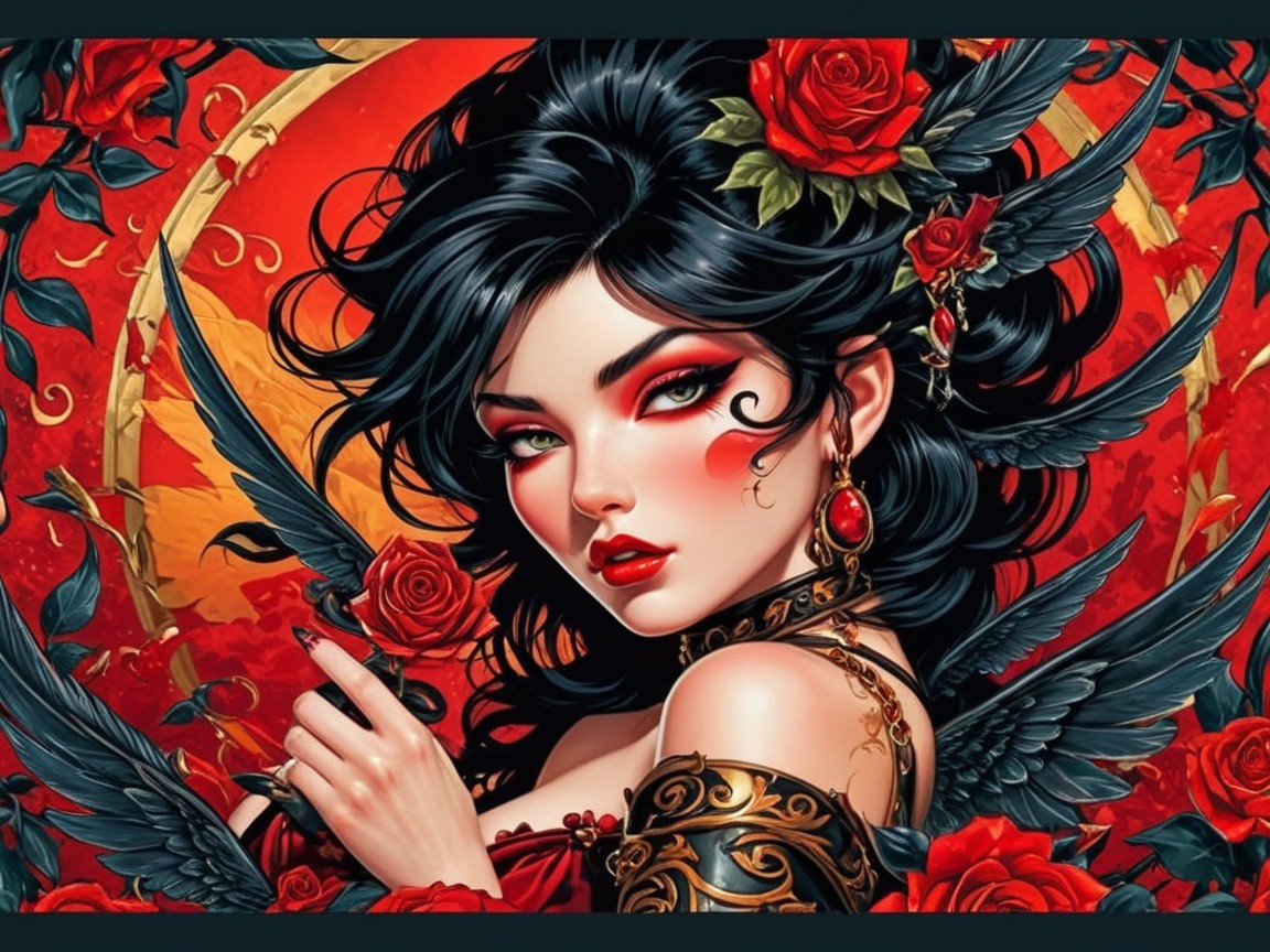 Gothic Artwork of a Woman with Roses and Wings
