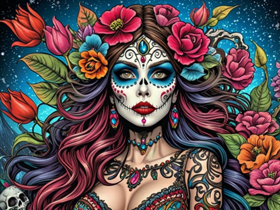 Day of the Dead Woman with Sugar Skull Face and Flowers