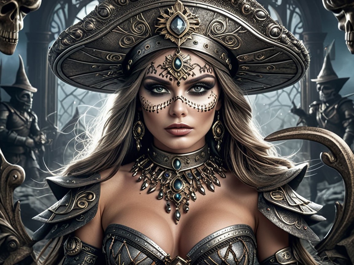 Fierce Warrior Queen in Ornate Armor and Gothic Setting