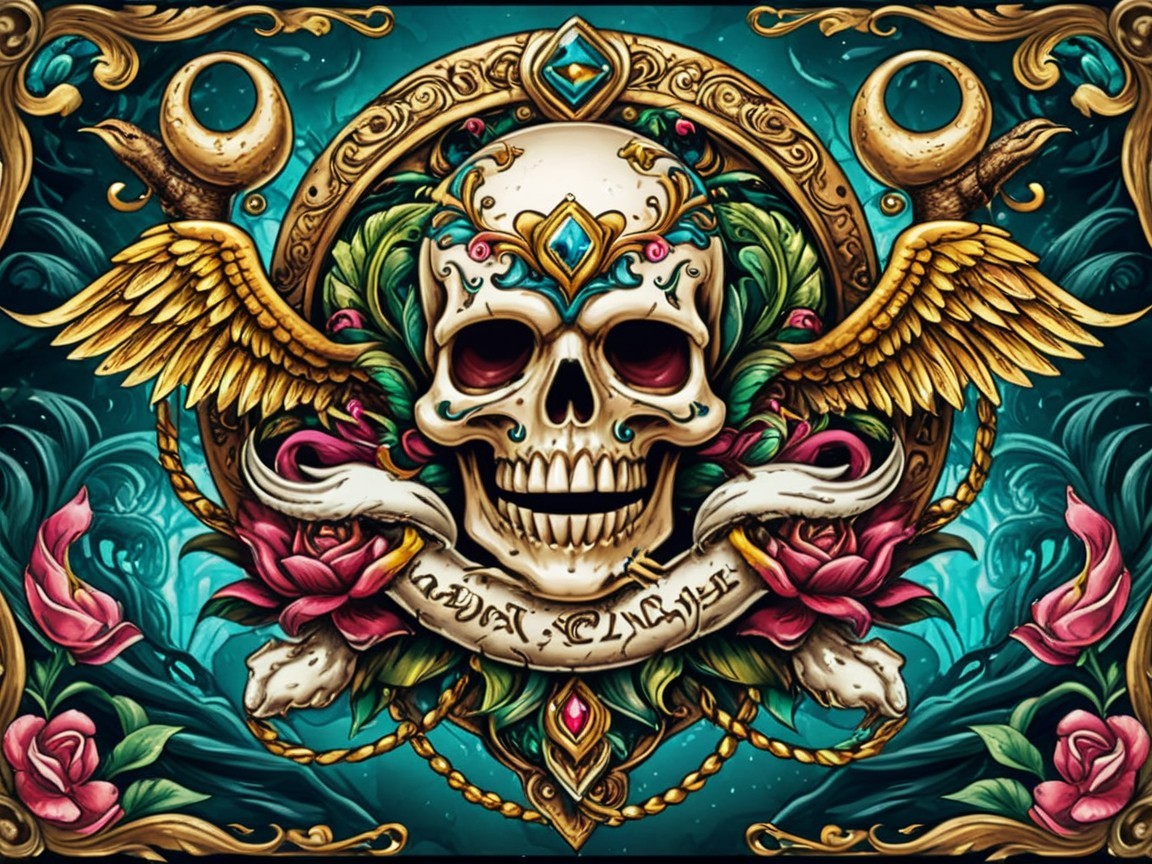 Stylized skull with golden wings and floral patterns