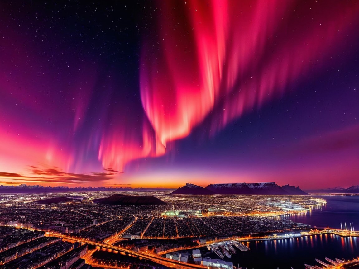 Northern Lights Over Cityscape and Mountains