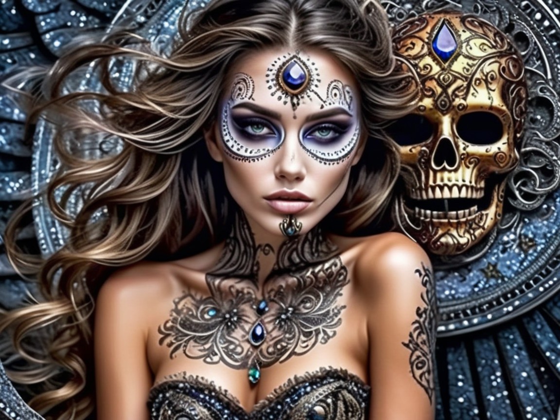 Striking Woman with Intricate Makeup and Body Art