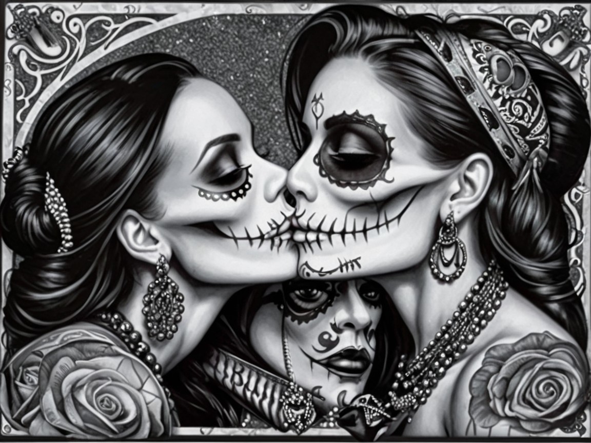 Elegant Figures with Day of the Dead Makeup and Tattoos