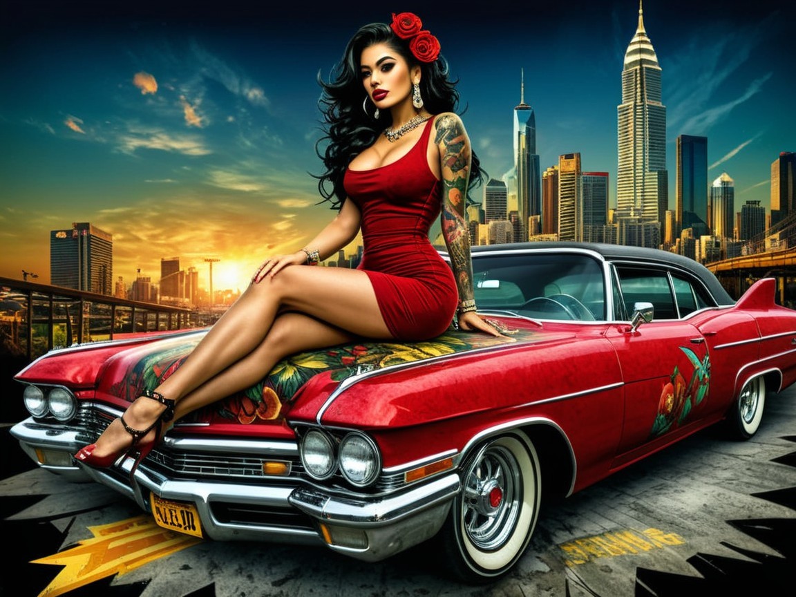Woman in Red Dress Poses on Classic Car at Sunset