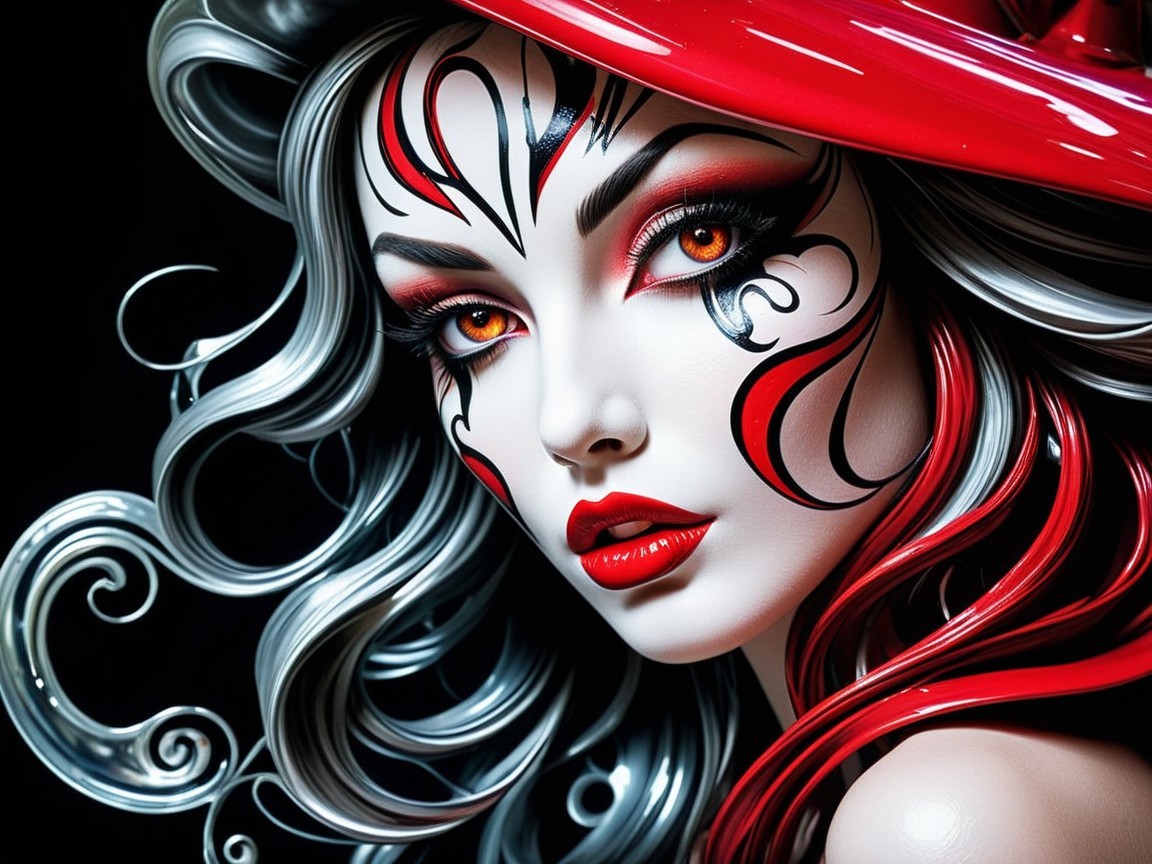 Striking Woman with Intricate Face Art and Vibrant Makeup