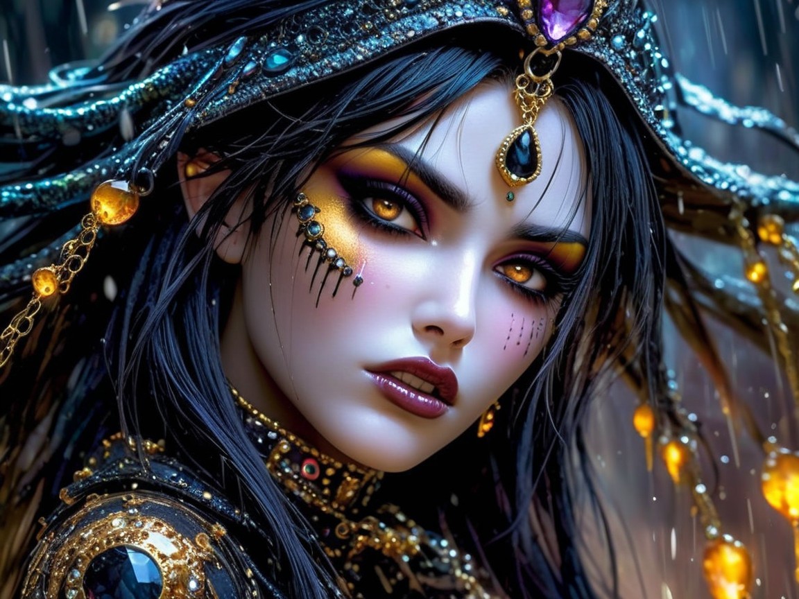 Beautiful woman with jeweled headpiece and dramatic makeup