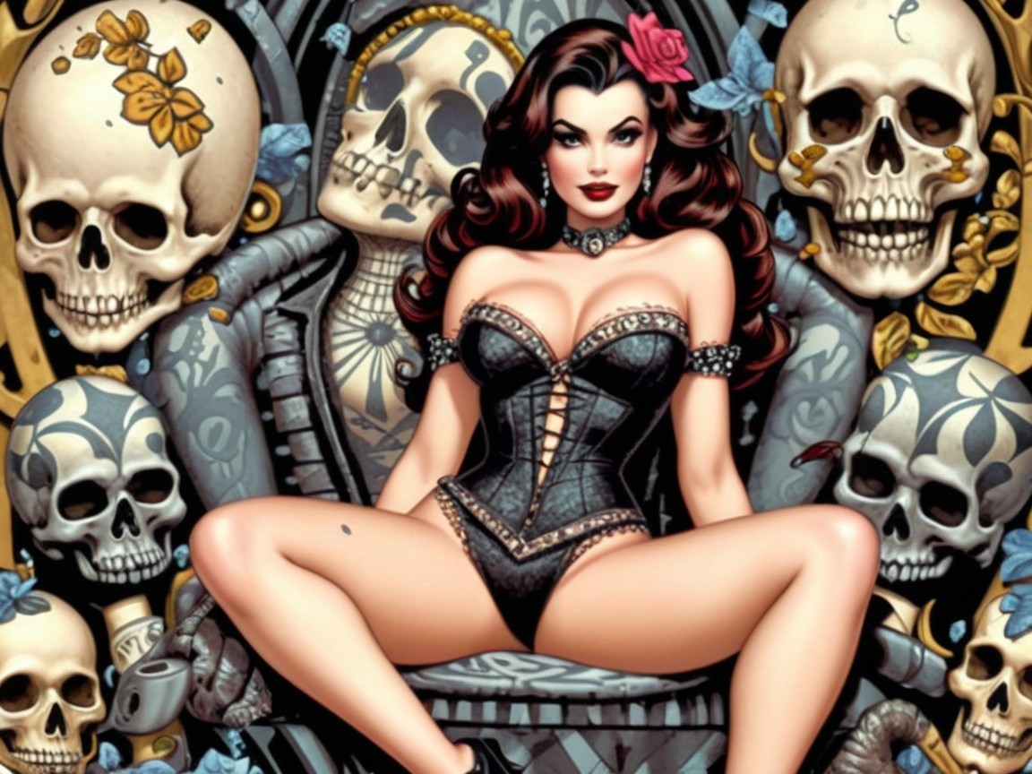 Vintage-Inspired Woman Amid Gothic Skulls and Patterns