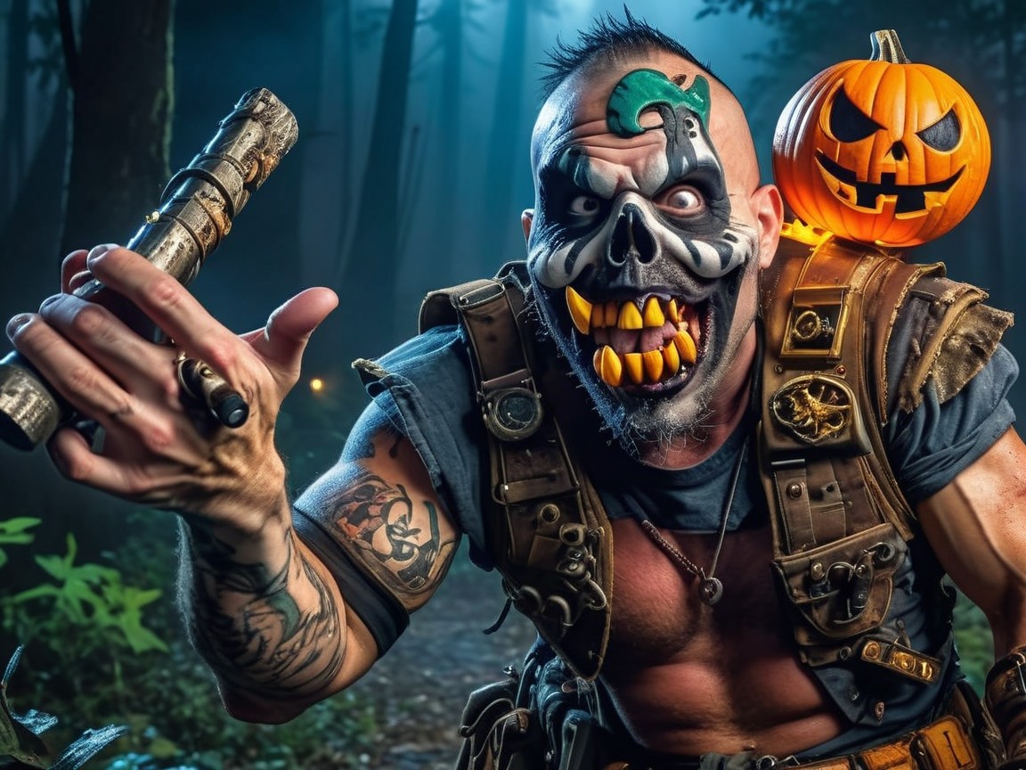 Muscular Figure in Skull Mask and Tactical Gear