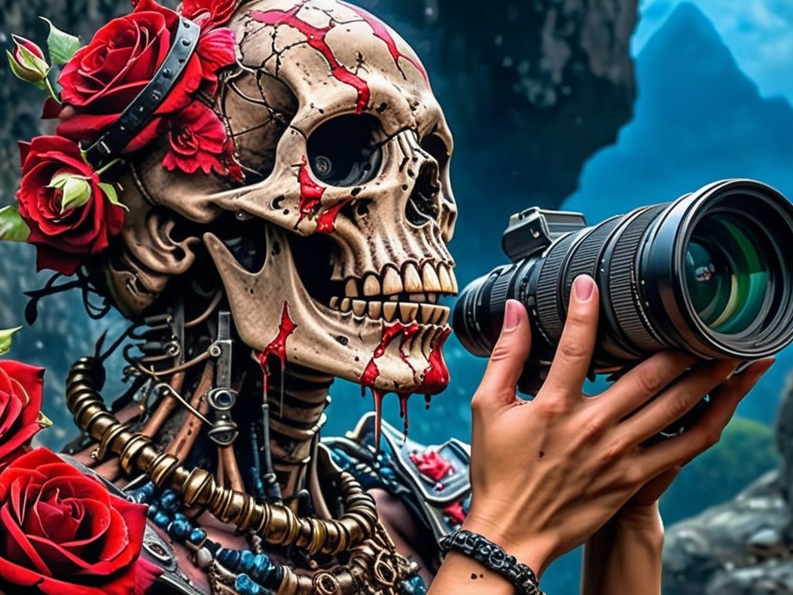Skeletal Figure with Roses in Dramatic Landscape