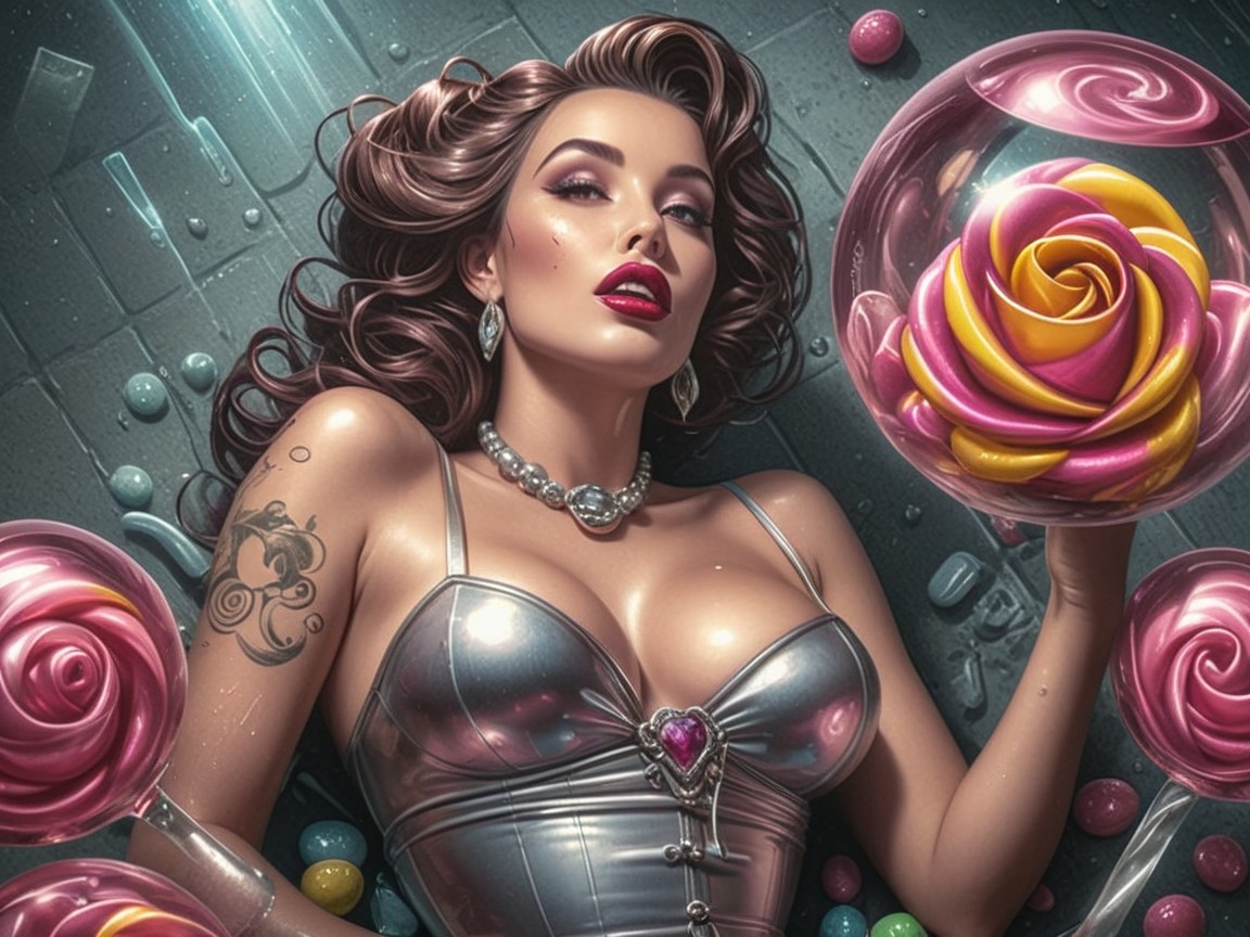 Glamorous Woman in Surreal Candy-Themed Setting