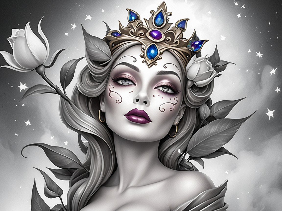 Regal Woman with Silver Hair and Celestial Theme