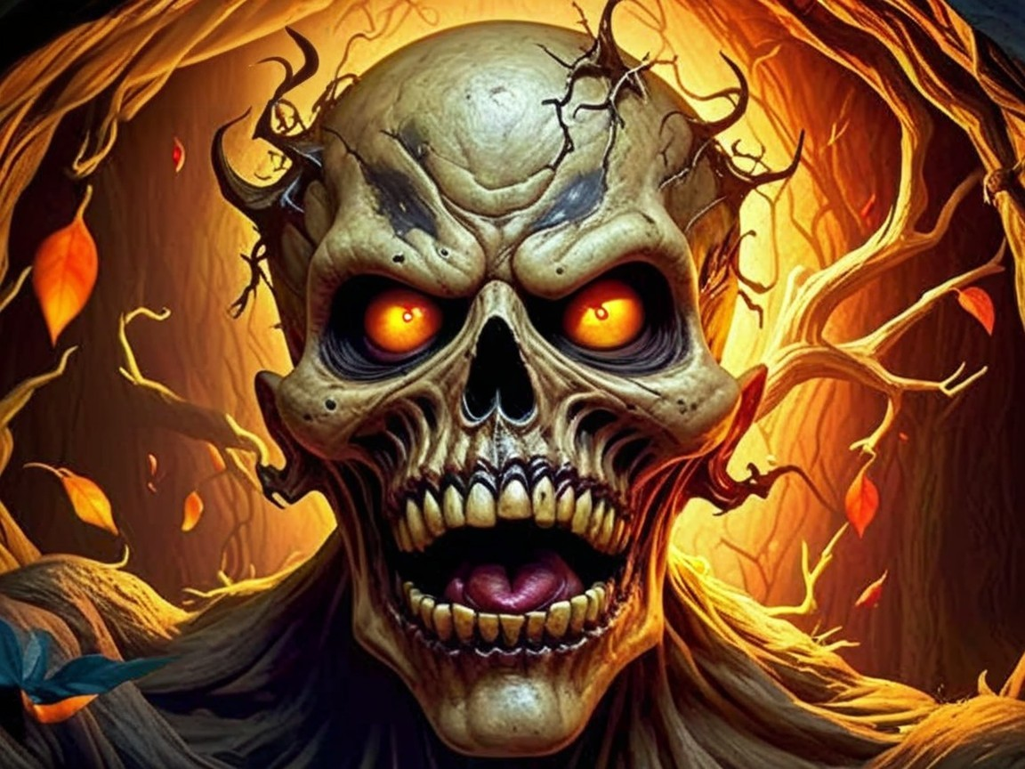 Menacing skull with glowing eyes and eerie backdrop