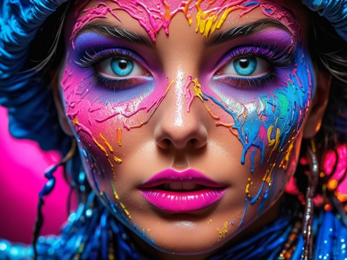Portrait of a woman with vibrant face paint and blue eyes