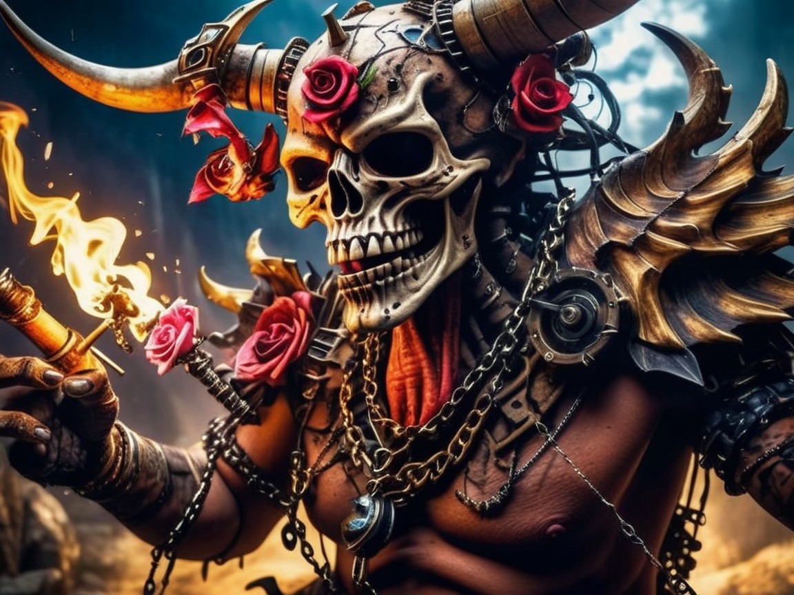 Skeletal Figure in Ornate Armor with Torch and Roses