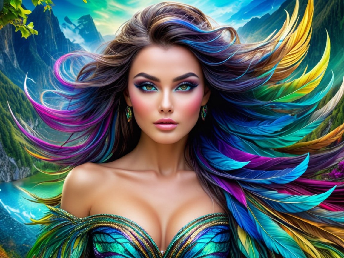 Vibrant Feather-Inspired Ensemble Against Scenic Landscape
