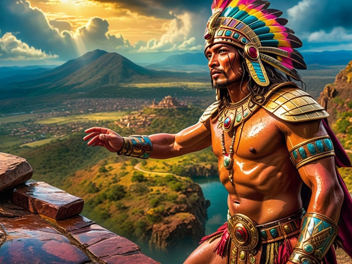 Muscular Warrior in Vibrant Armor Overlooking Valley