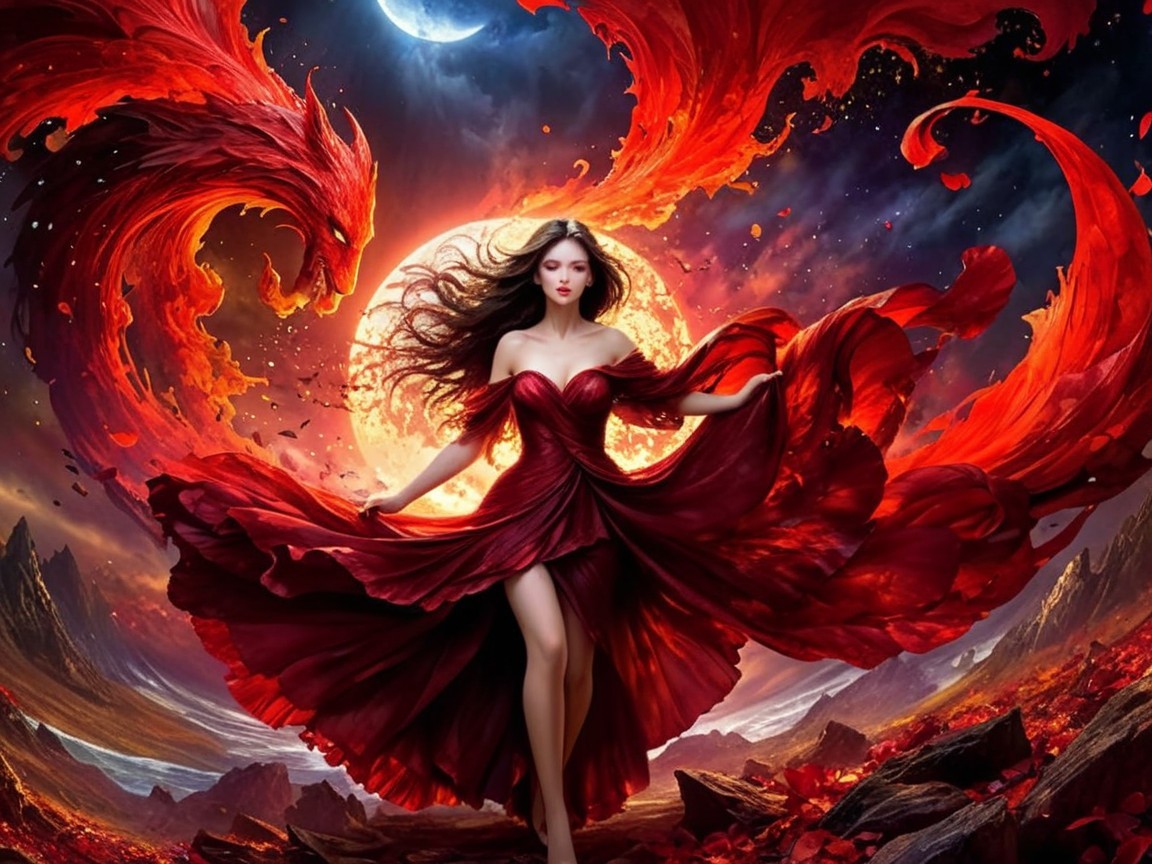 Woman in Red Gown with Dragon and Fiery Landscape