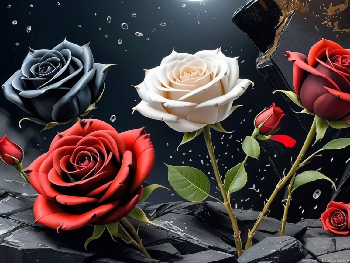 Elegant Roses on Cracked Surface with Water Droplets