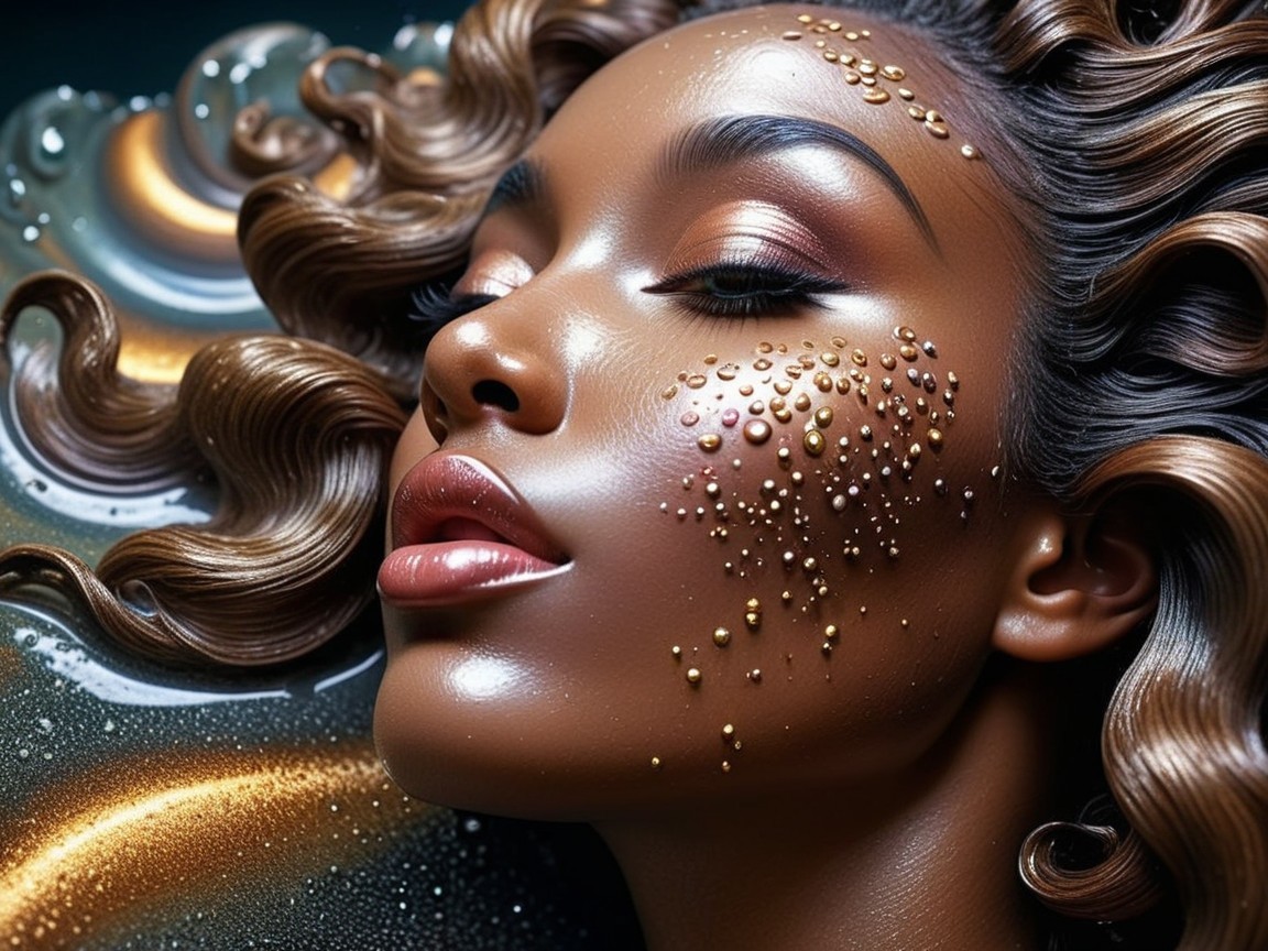 Close-Up of Woman with Glossy Curls and Radiant Skin