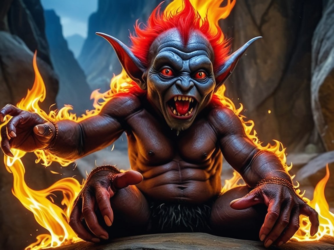 Fantasy Creature with Fiery Hair Amidst Flames