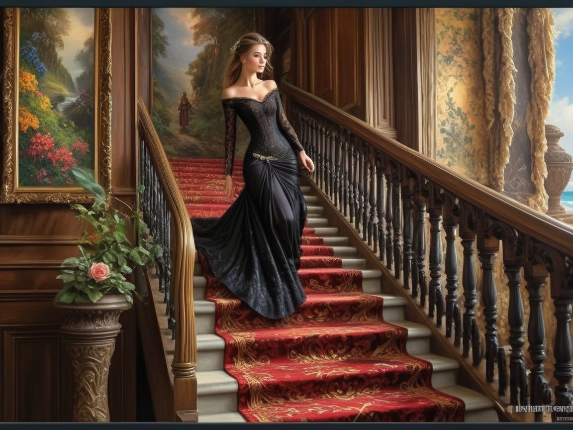 Elegant Woman Descending Grand Staircase with Red Carpet