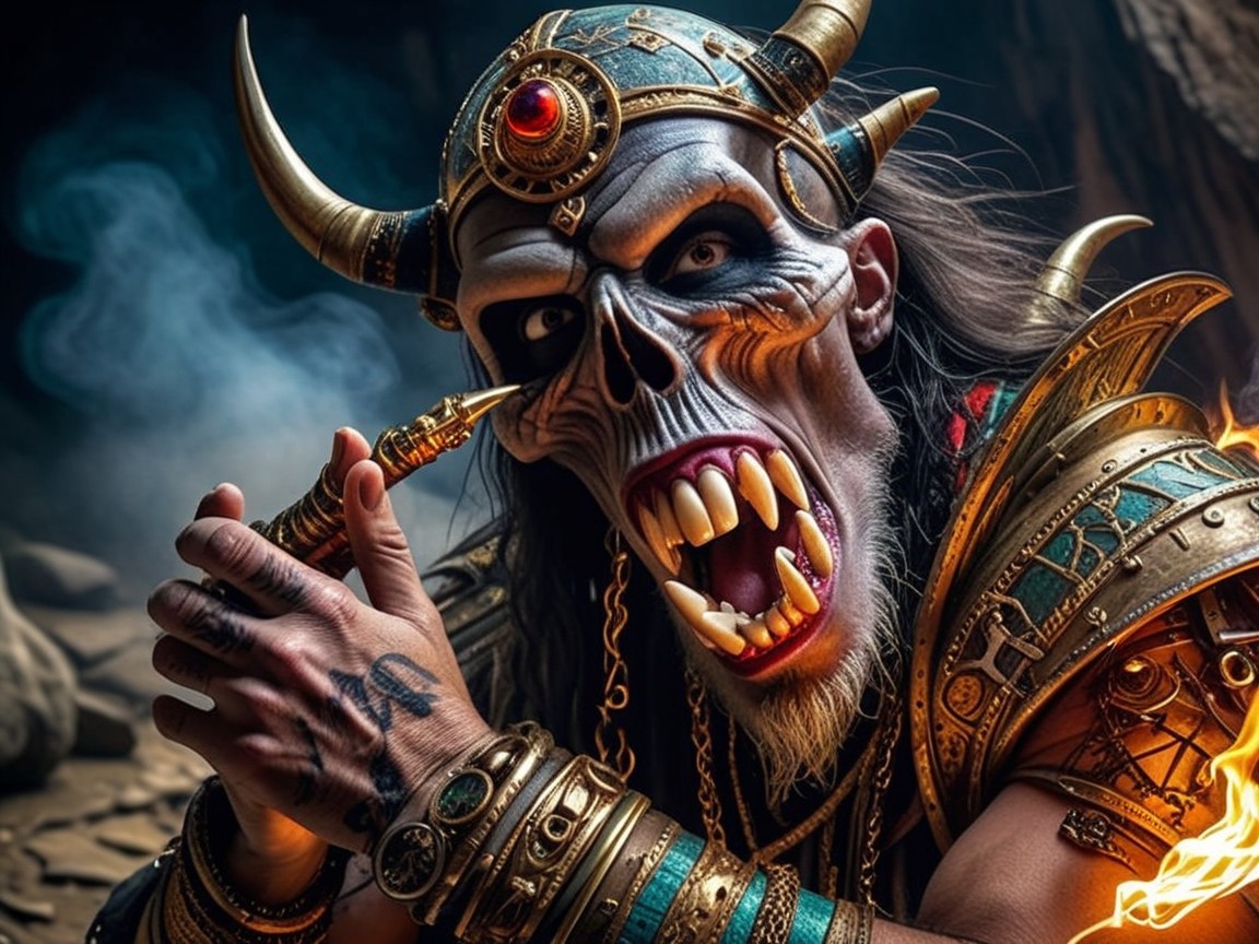 Fierce Character in Ancient Armor with Dramatic Lighting