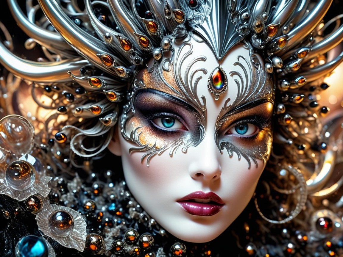 Close-up of a woman's face with metallic makeup and headdress