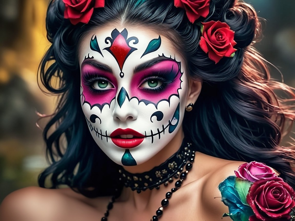 Portrait of a Woman with Sugar Skull Makeup