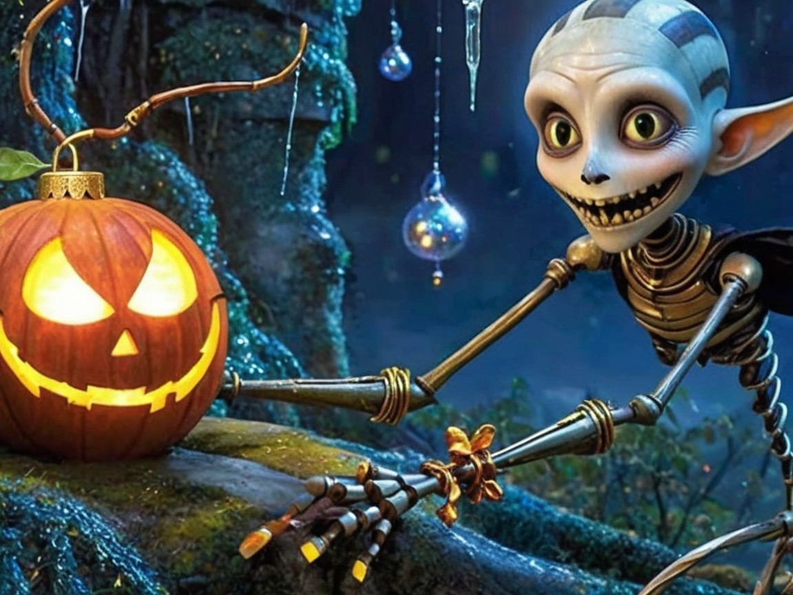 Whimsical Skeleton Carving a Glowing Jack-o'-Lantern