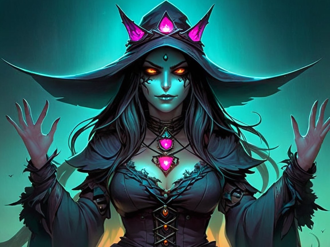 Sorceress with Dark Hair and Glowing Orange Eyes