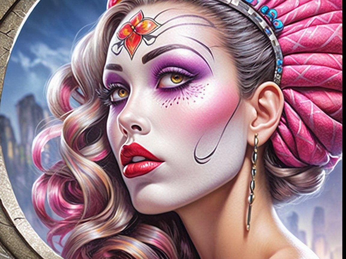 Glamorous Woman with Bold Makeup and Fantasy Cityscape
