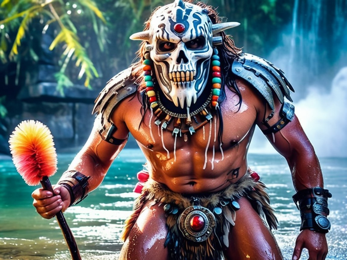 Muscular Warrior in Tropical Setting with Tribal Armor