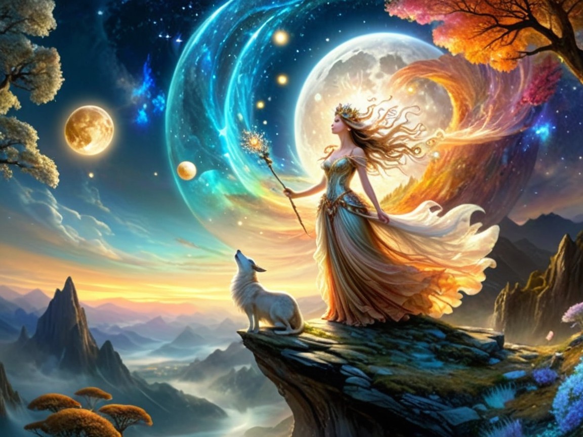 Mystical Landscape with Celestial Galaxies and Moons