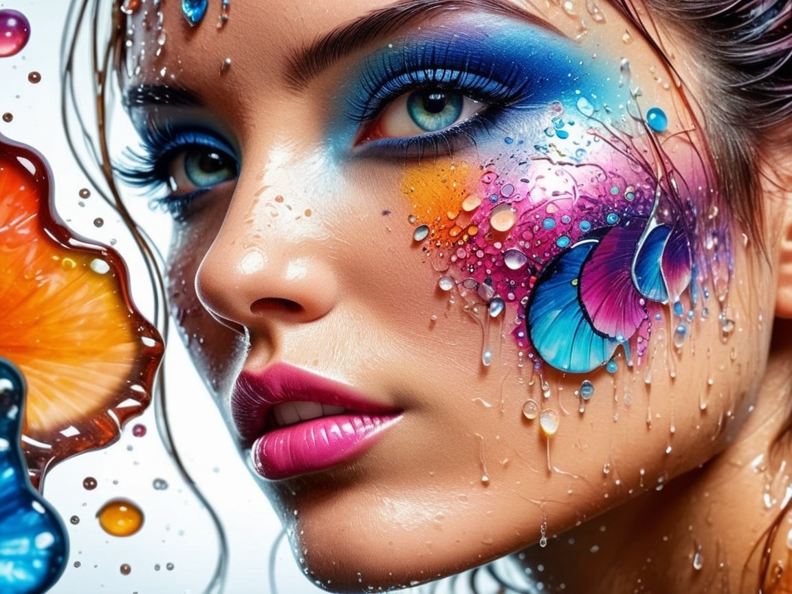 Vibrant Artistic Makeup on Woman's Face Close-Up