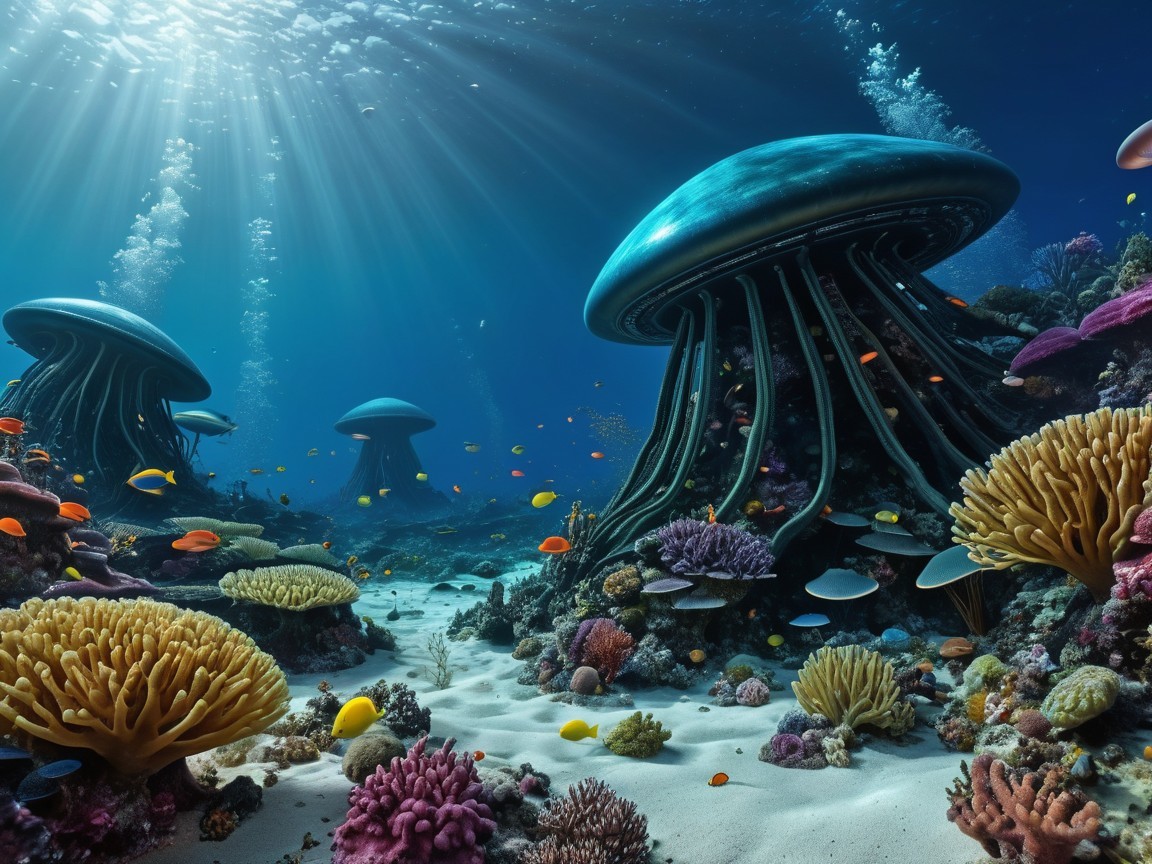 Underwater Scene with Jellyfish and Coral Reefs