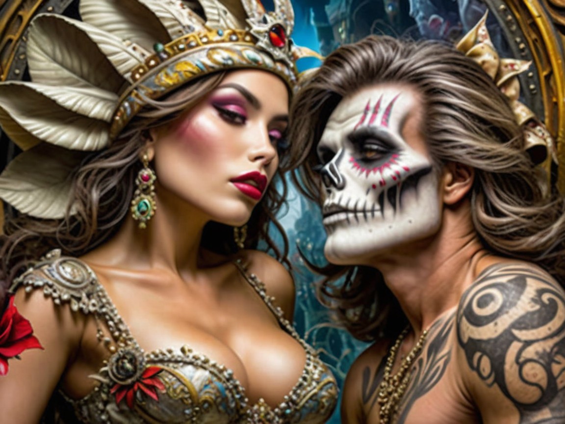 Fantasy Scene with Tribal Attire and Dramatic Lighting