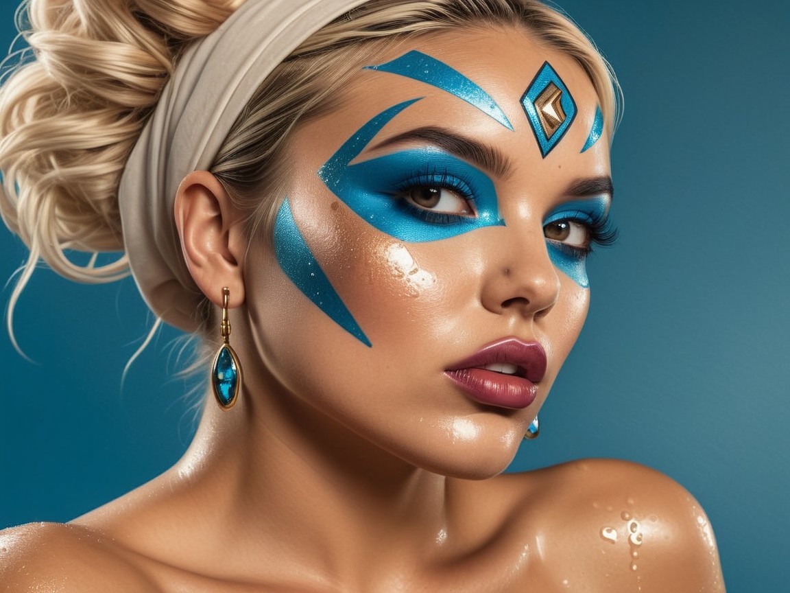 Portrait of a woman with blue face paint and elegant style