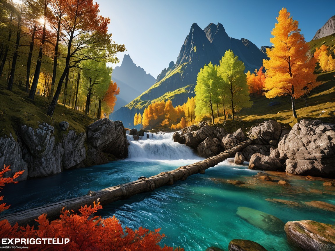 Autumn Landscape with River and Mountains in View