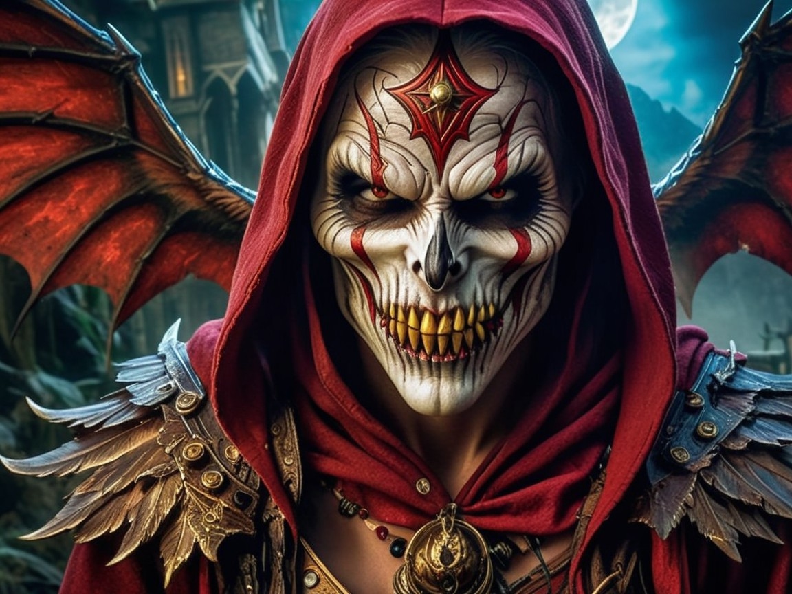 Sinister Figure with Skull Face and Bat Wings